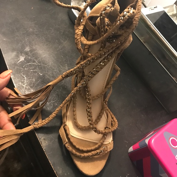 Tan, JustFab, gold chains, heels - Picture 1 of 2